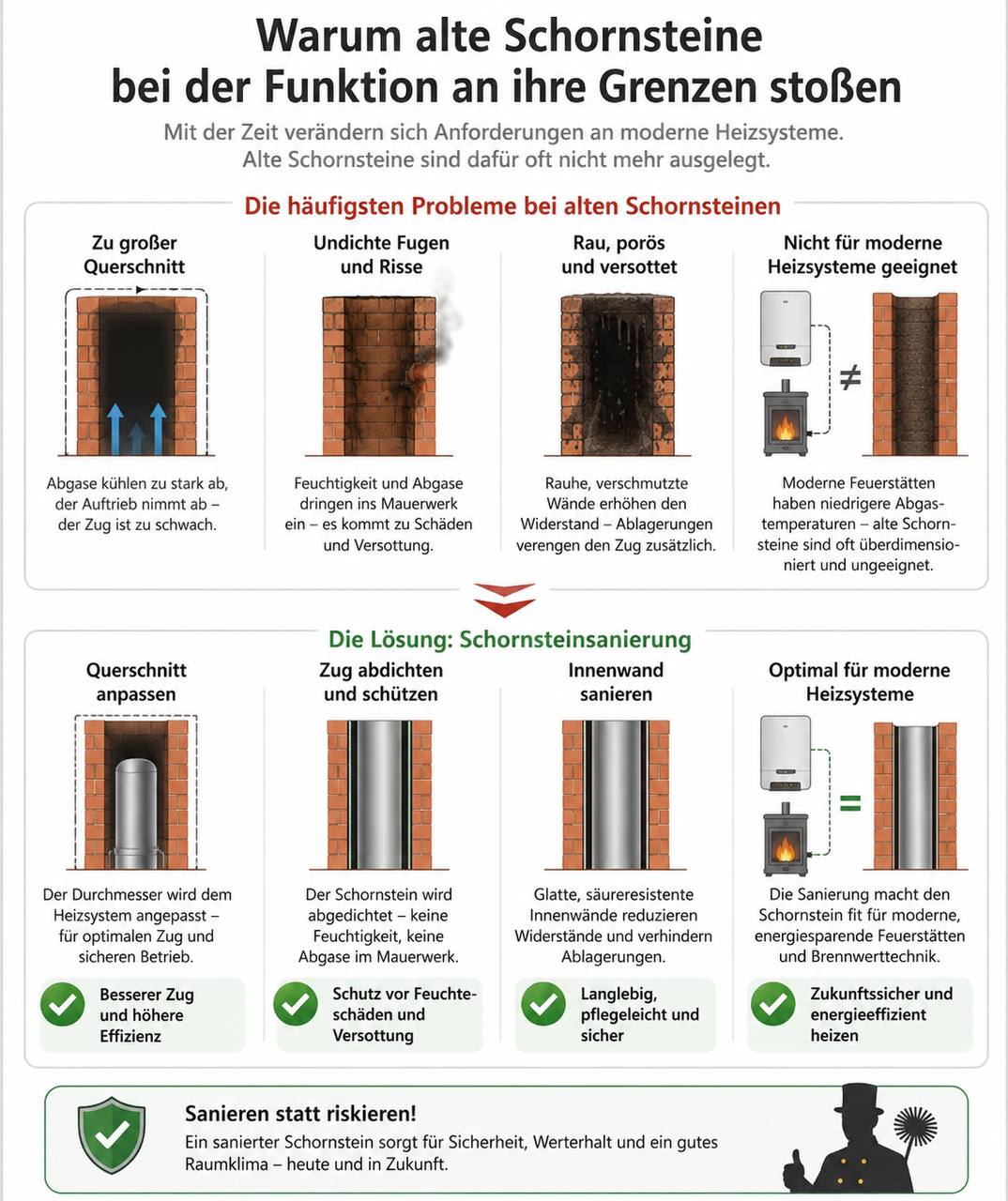 Infografik: Warum Schornsteine nicht mehr ziehen – die häufigsten Ursachen und Lösungen