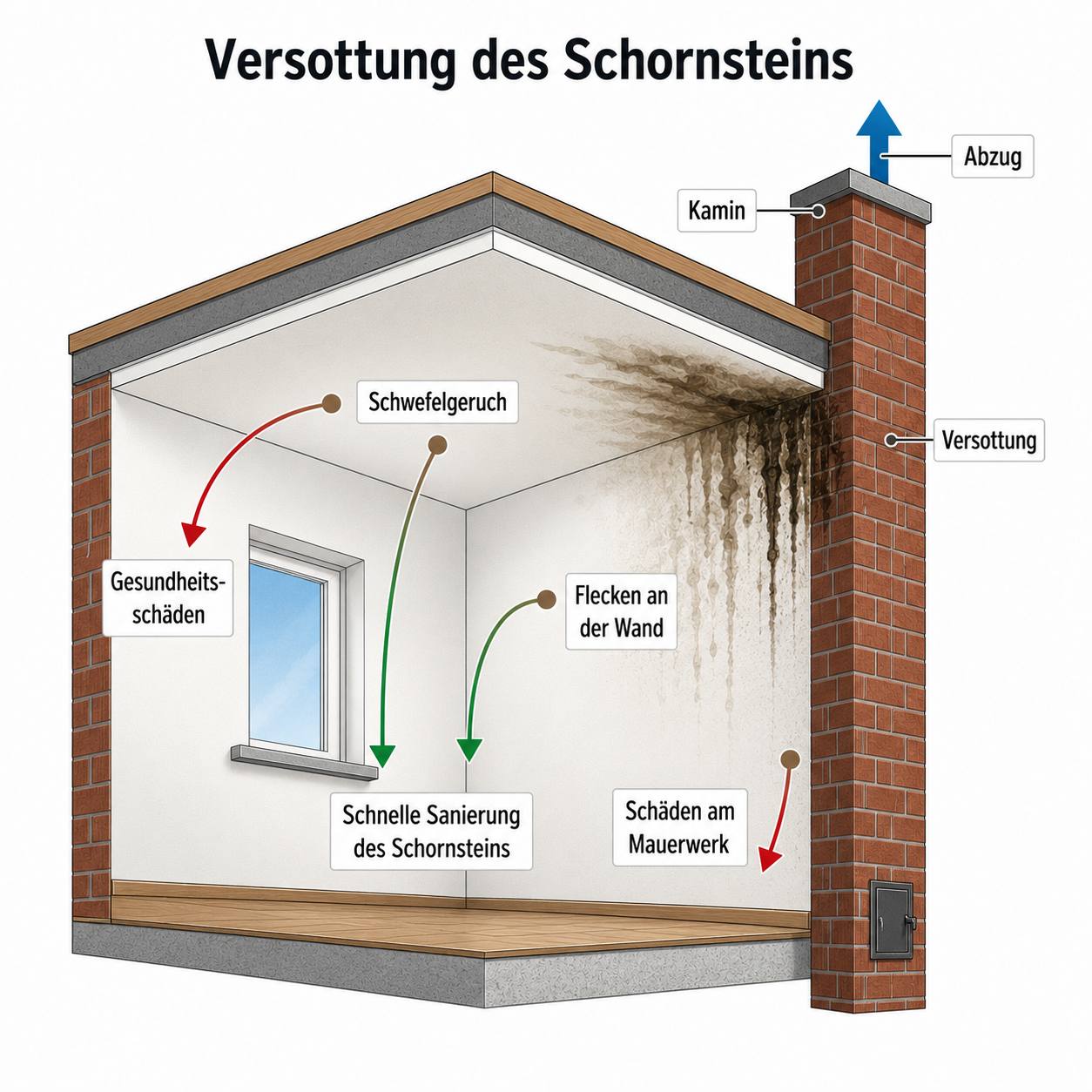 Illustration: Versottung am Schornstein – Symptome, Ursachen und Folgen