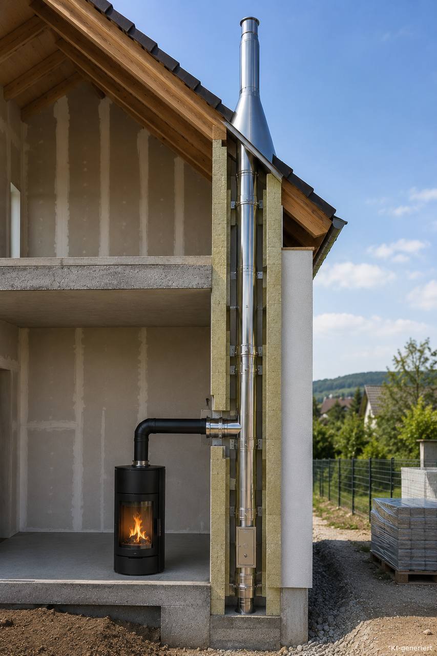 Edelstahl-Außenschornstein Neubau mit Kaminofen